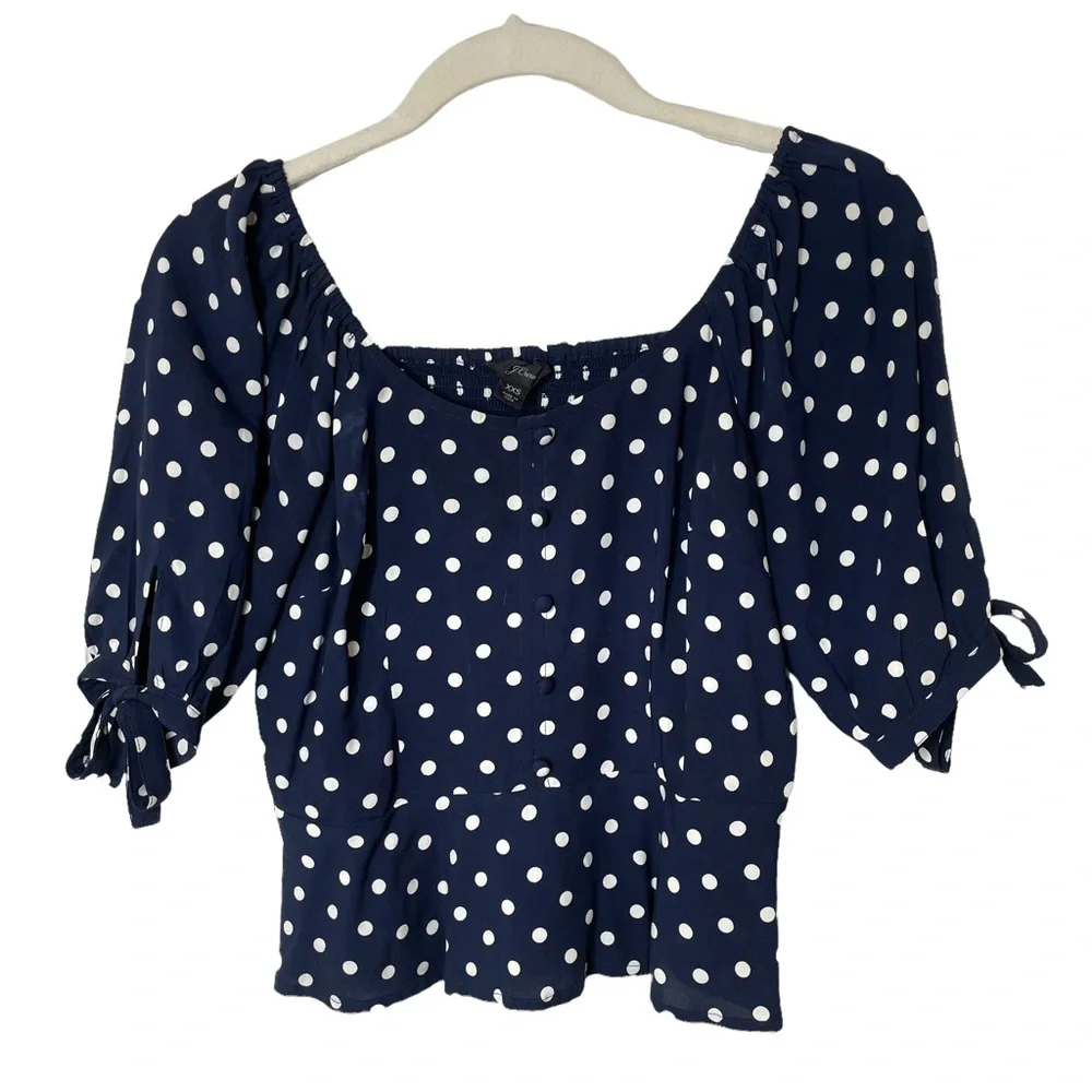 J. Crew Navy Cream‎ Polka Dot Smocked Cropped Peplum Top XXS